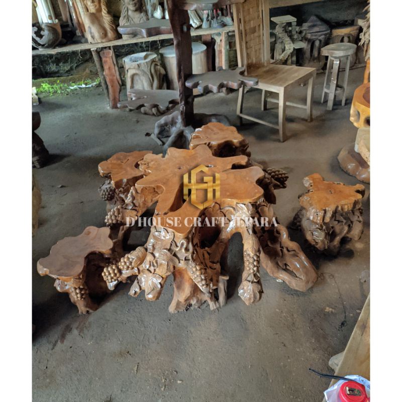 Set Kursi Akar Kayu Jati Perhutani Tpk Ukiran Anggur