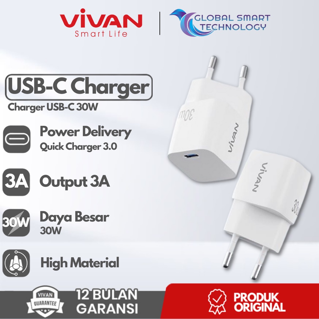 Jual Kepala Charger Vivan Power 30 Adaptor USBC PD 30W 3A for Apple