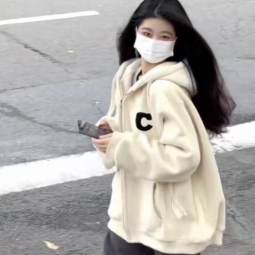 jaket korean style wanita hooded fleece thick sweater coat loose student cardigan top women