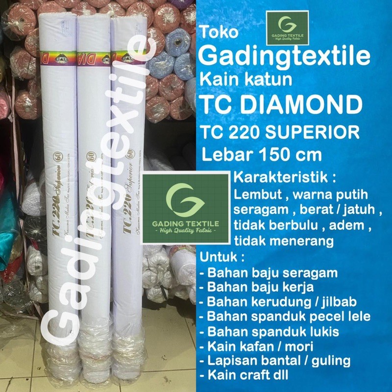 ( per 1 roll ) Kain katun jepang putih TC 220 DIAMOND SUPERIOR rollan lebar 150 cm bahan baju kemeja hem seragam sekolah sd smp sma kerja dinas putih spanduk lukis pecel lele mori kafan background backdrop foto kerudung jilbab bergo alas piknik