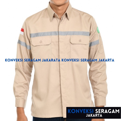 Baju Kemeja Safety K3 Lengan Panjang - Seragam Kerja Atasan Wearpack Werpack Werpak Proyek Tambang Warna Cream Pria Wanita - Konveksi Seragam Jakarta