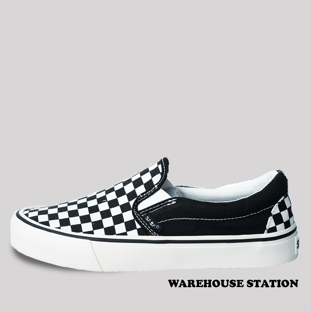 SABA Checkerboard Slip On Black White  - Sepatu Sneakers Casual Pria Wanita