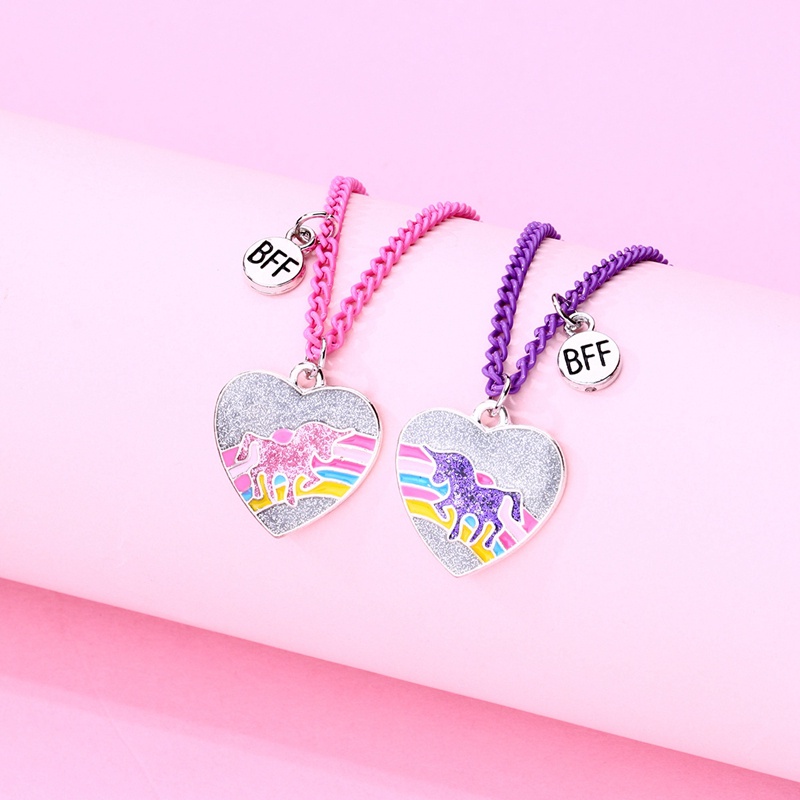 2pcs / Set Kalung Rantai Liontin Hati Unicorn Warna-Warni Untuk Wanita