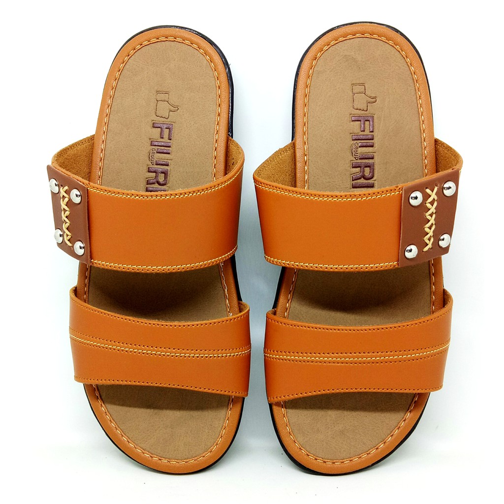 FIURI - Sandal Double Slip On Tan - Sandal Murah Pria - Sandal Casual - Sandal Pria Kulit