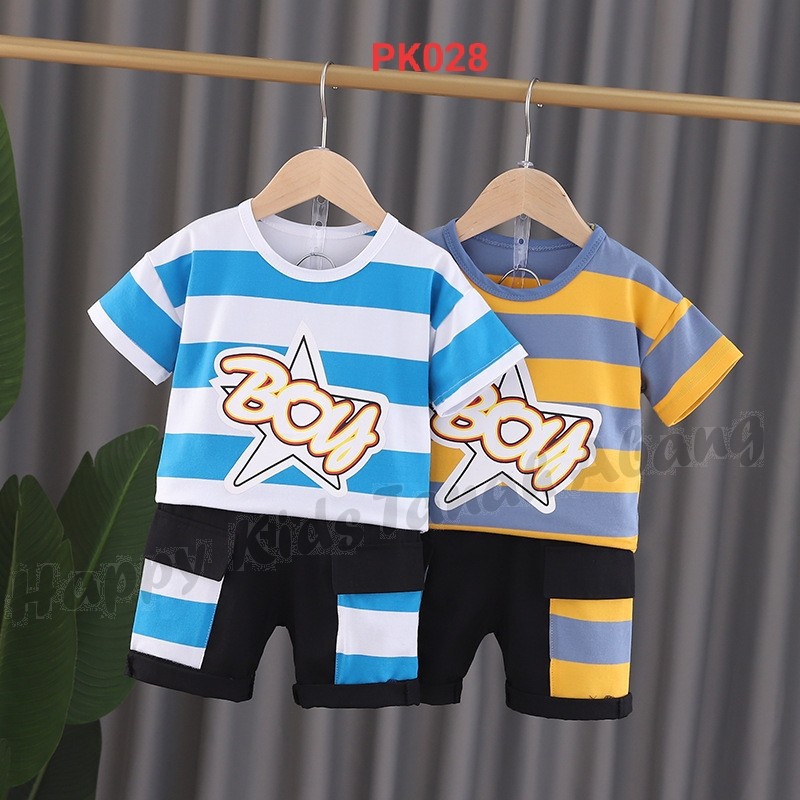 Setelan Baju Kaos Anak Laki Laki Lengan Pendek Motif Garis Garis Bahan Katun