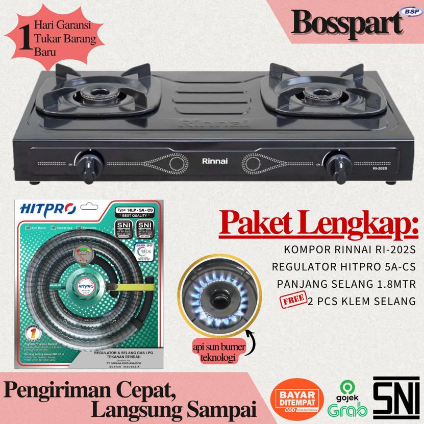 Paket Kompor Gas Rinnai 2 Tungku RI-202s bonus selang regulator Hitpro