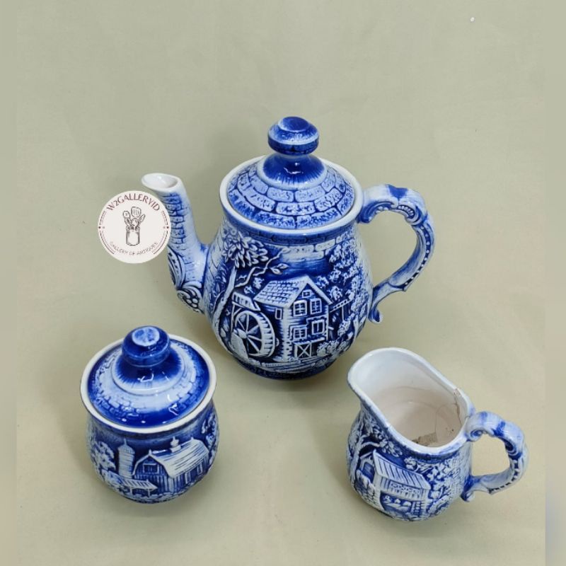 Vintage Tea Pot Set/set teko antik biru putih/set teko keramik