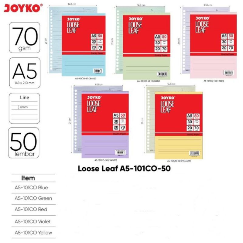 

LOOSE-LEAF A5 WARNA JOYKO A5 ISI 50 LEMBAR | ISI KERTAS FILE BINDER WARNA | GARIS | 70 gsm