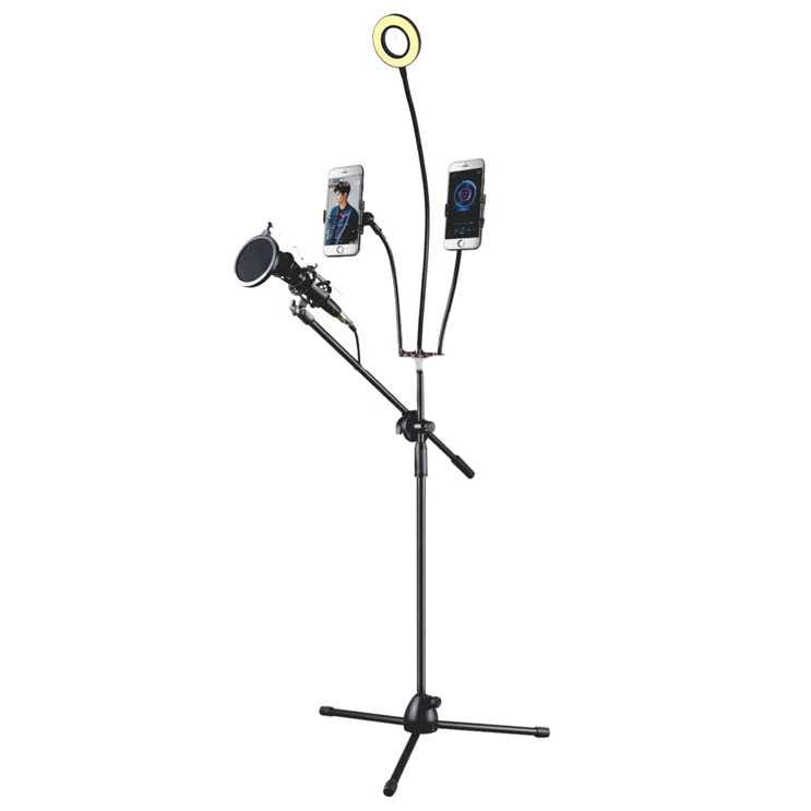 (1005 BARANG ORI) Microphone Stand Tripod with 2 x Smartphone Holder &amp; Ring Light NB03B