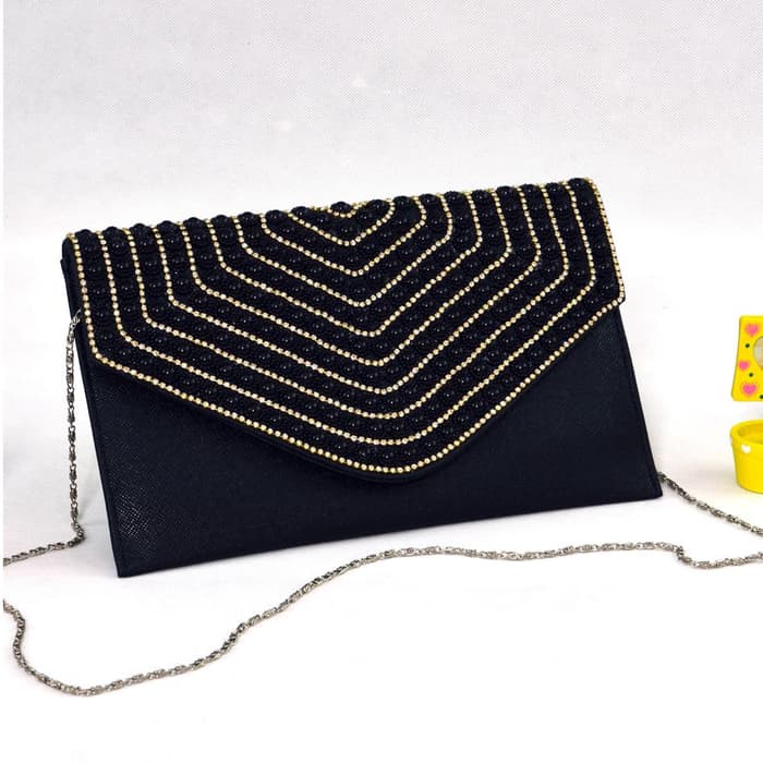 Tas Pesta Wanita Import Clutches Kristal Mutiara Hitam Gold Silver 1 -