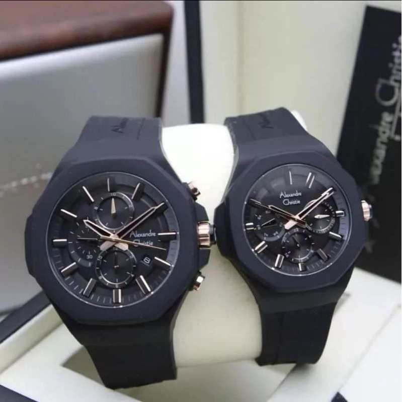 Jam Tangan Alexandre Christie Couple AC 6590 / AC6590 Black Rosegold Original