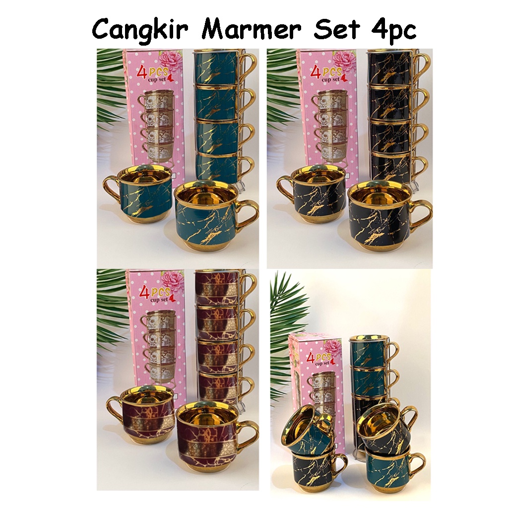 Cangkir Kopi Set Keramik Besar 230CC Isi 4pc Gold Motif Marmer