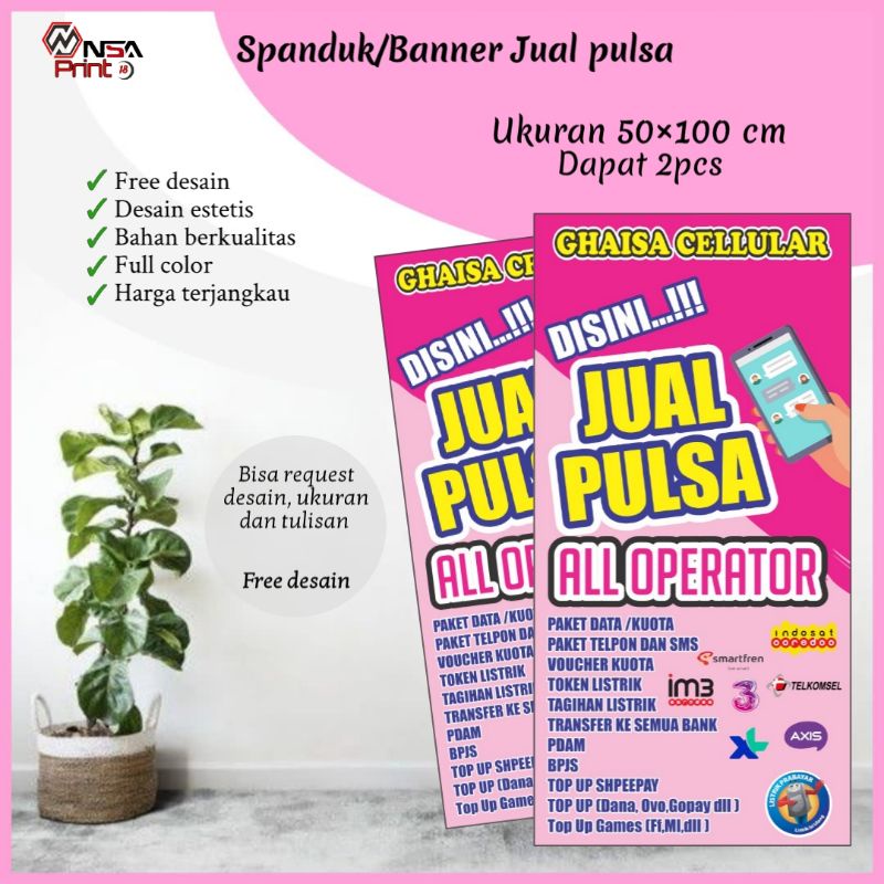 Cetak banner/spanduk, spanduk agen pulsa & kuota internet, BELI 1 GRATIS 1 Ukuran 50×100, Bisa reque