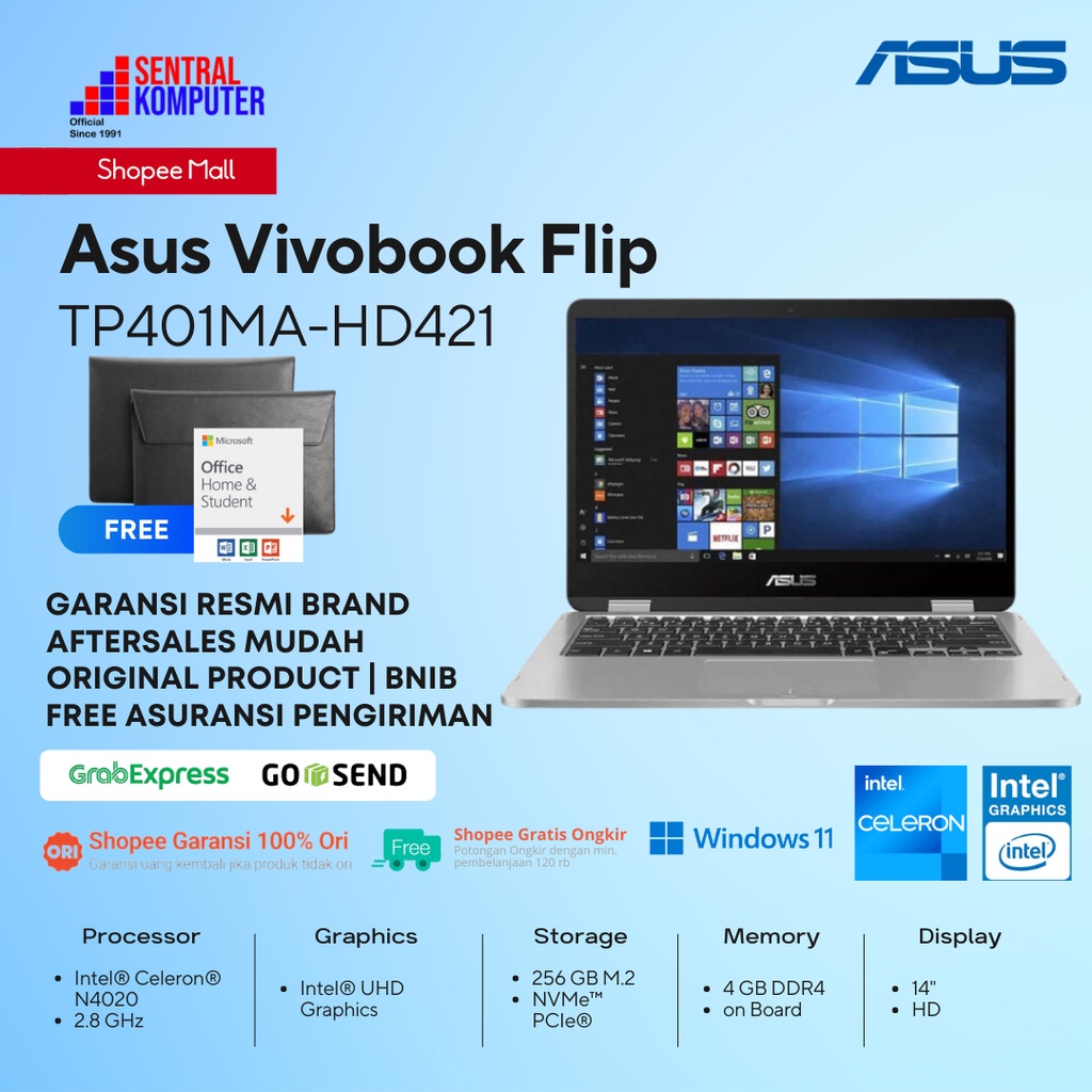 Asus Vivobook Flip TP401MA Celeron N4020-4GB-256GB SSD-Win 11+OHS