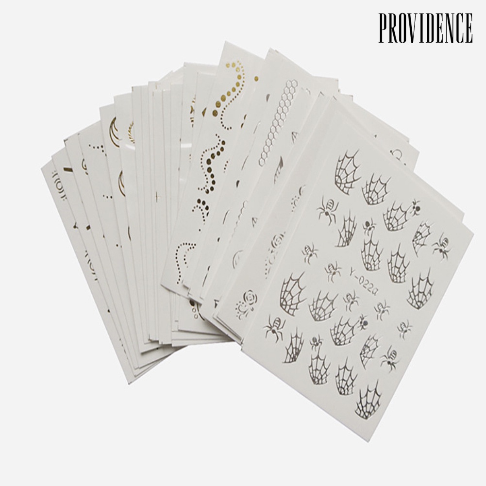 Providence 30 Lembar Stiker Kuku Motif Bulu / Bunga / Laba-Laba Warna Gold / Silver Untuk Nail Art / Manicure