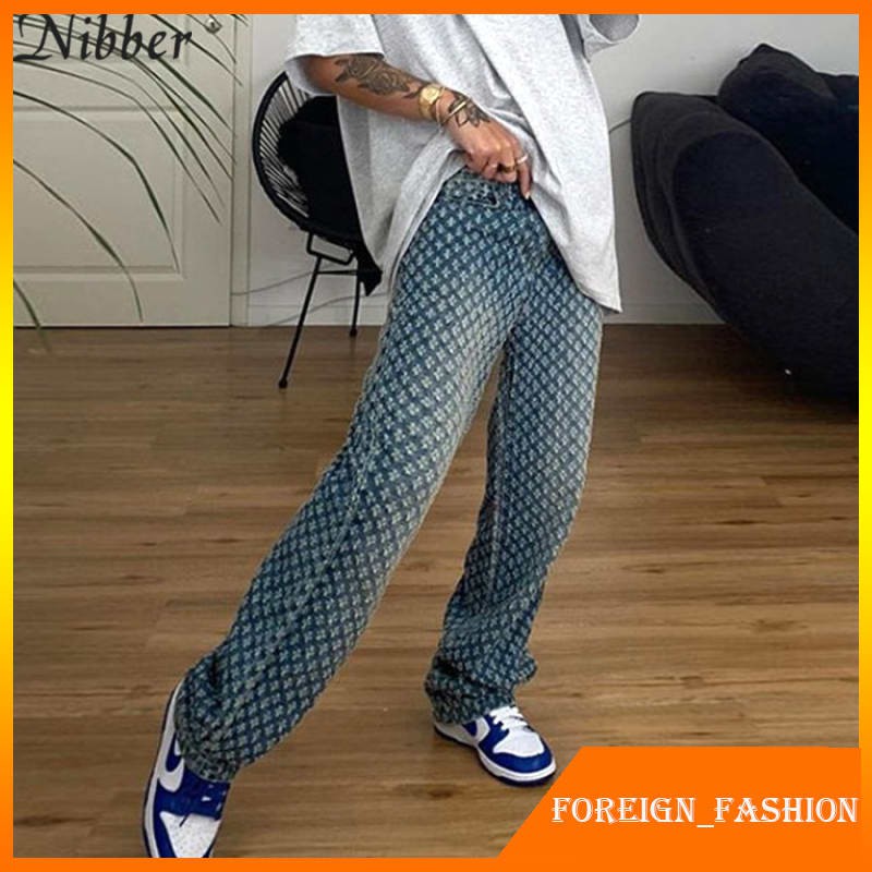 Celana Highwaist Wanita Style Import Nibber fashion plaid hollow out hip hop pants women Jeans