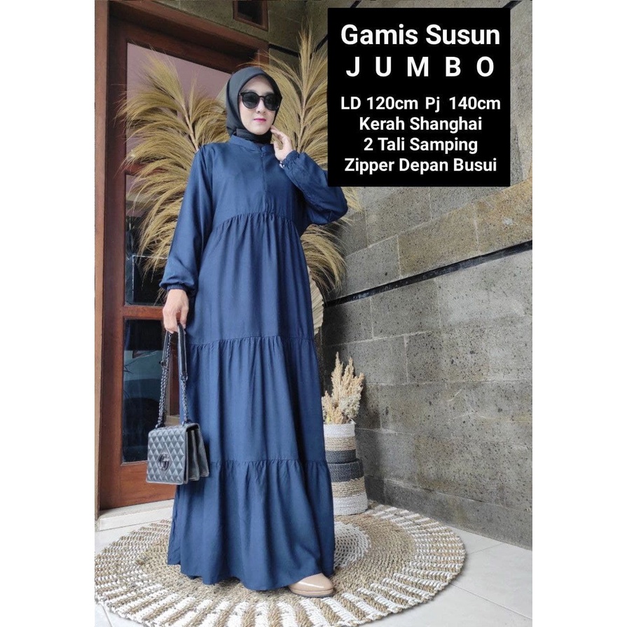 Gamis Susun Jumbo Polos Rayon Premium Dress Wanita Lengan Panjang Longdress Plain Bigsize LD 120 cm