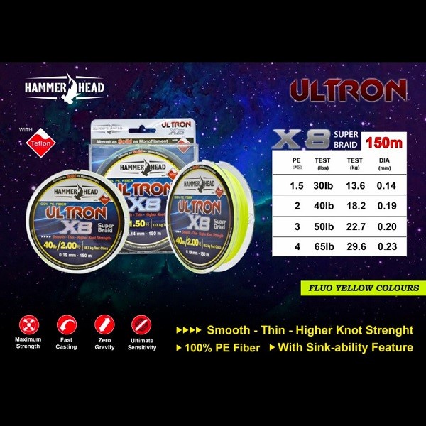 Senar PE senar  benang hammer head ultron X8 150m KUNING senar pancing
