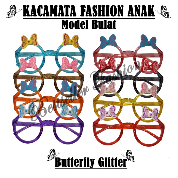 Terbaru Kacamata anak-anak bulat boboho Bingkai Glitter Pita Butterfly Kacamata gaya anak Cewek Cowok Unik dan Trendy Kekinian