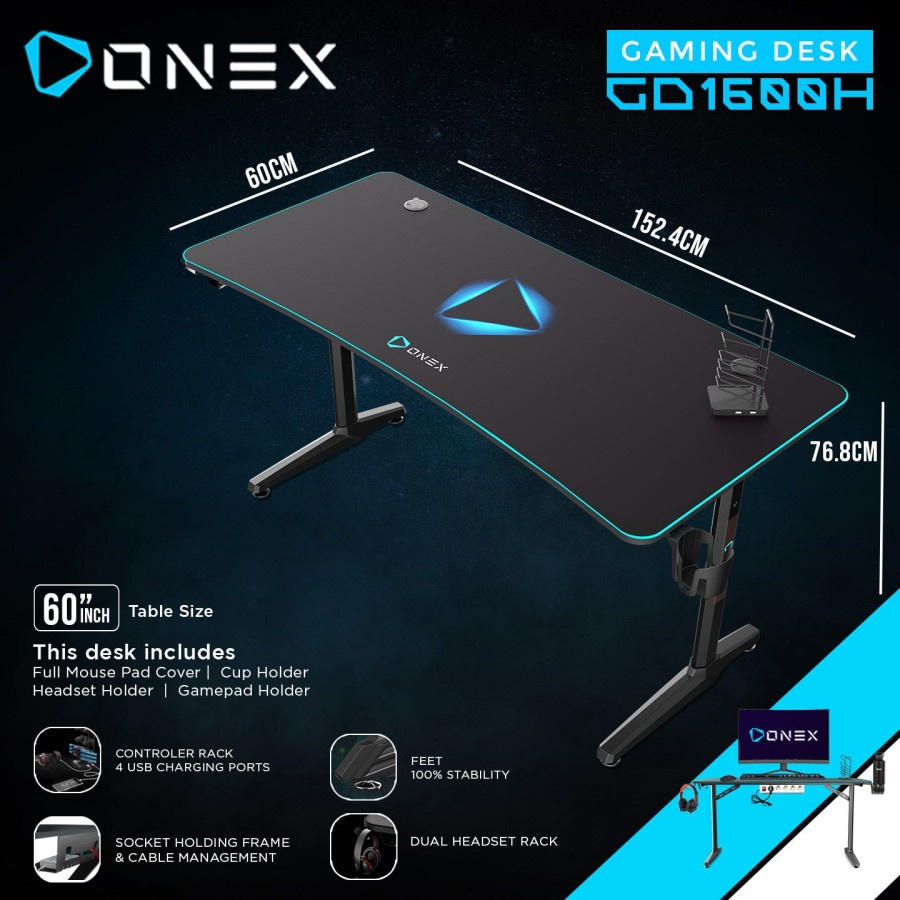 Meja Gaming ONEX GD1600H Gaming Desk Meja 60&quot; Mousepad Cover Holder Rack USB