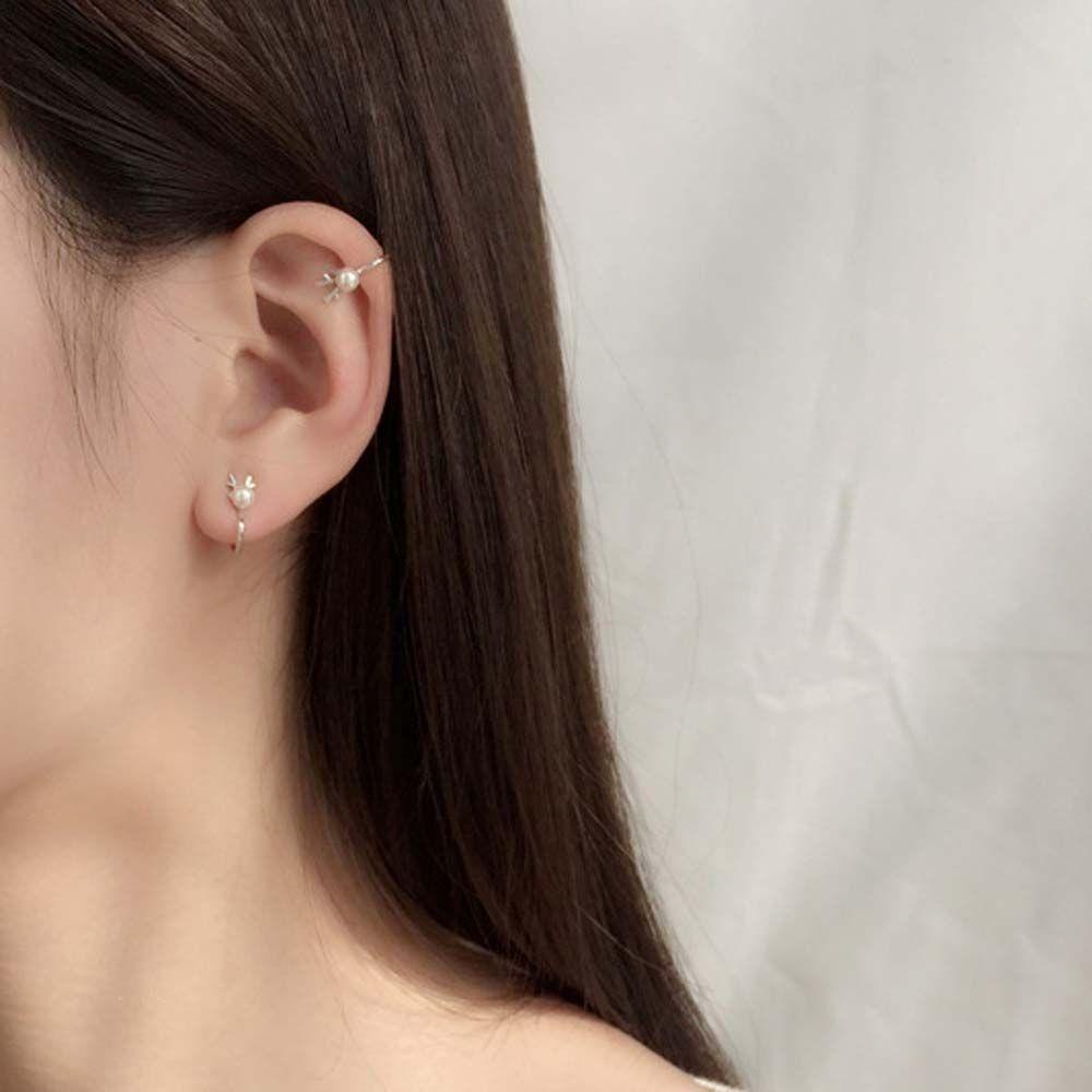 Mxbeauty Anting Klip Bentuk Rusa Aksen Mutiara Warna Silver Gaya Korea Untuk Wanita