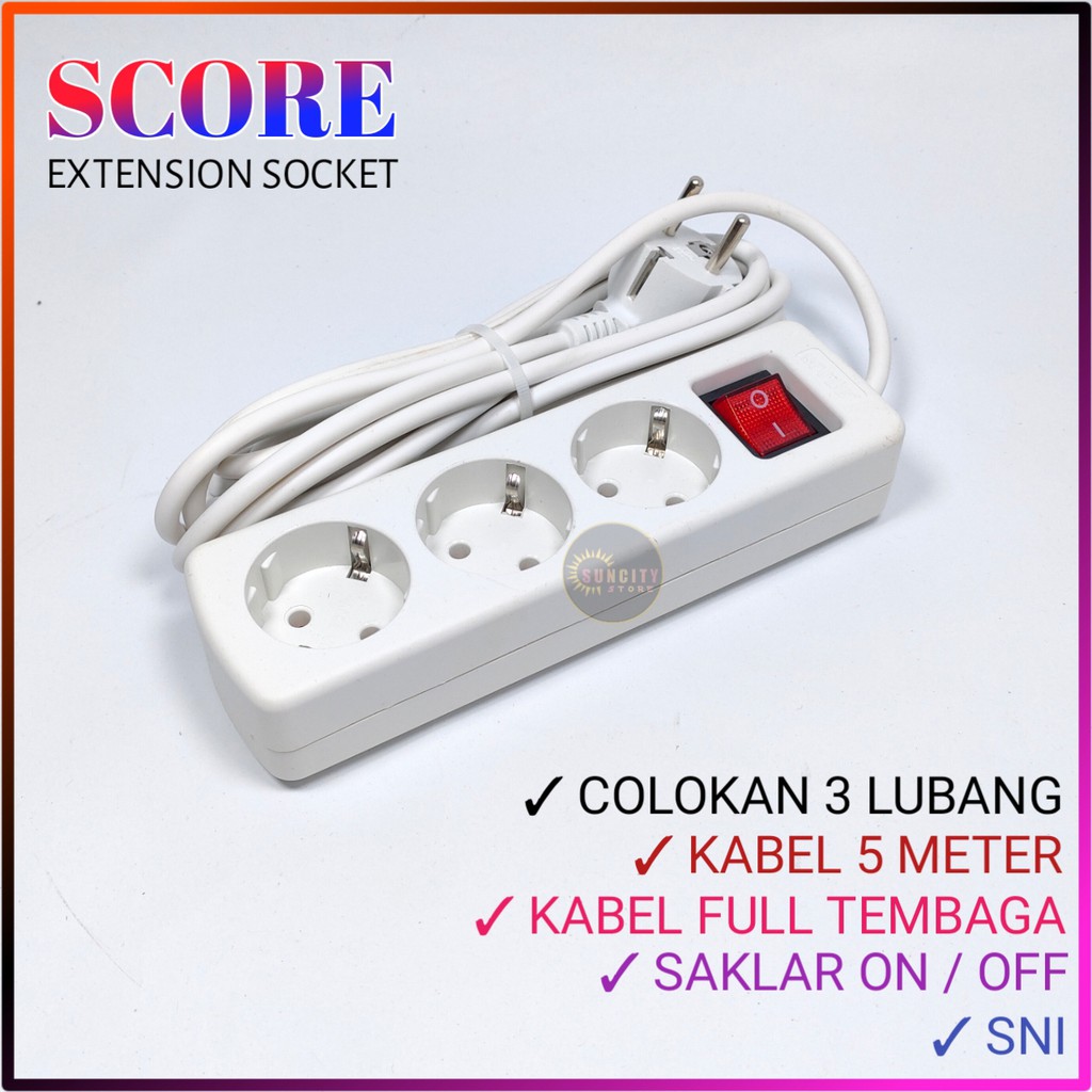 Score Stop Kontak 3 Lubang + Kabel 1.5M , 3M , 5M / Extension Socket Dengan Saklar ON/OFF