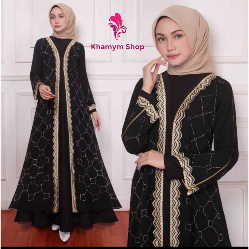 GAMIS ARAB MEWAH/ ABAYA SAUDI BORDIR GOLD MIX MUTIARA SWAROSKY