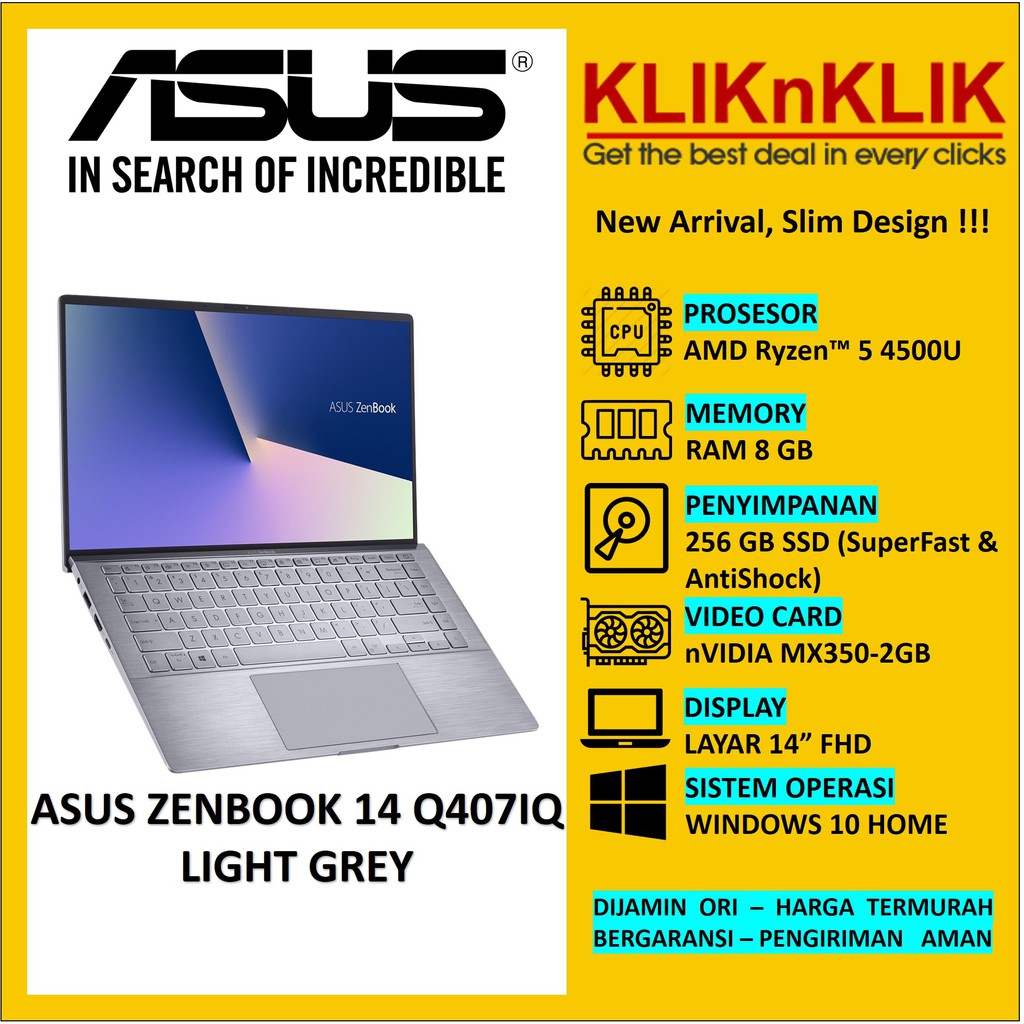 ULTRABOOK ASUS ZENBOOK 14 Q407IQ AMD RYZEN 5-4500U RAM 8 GB SSD 256GB MX350 WIN10HOME LIGHT GREY