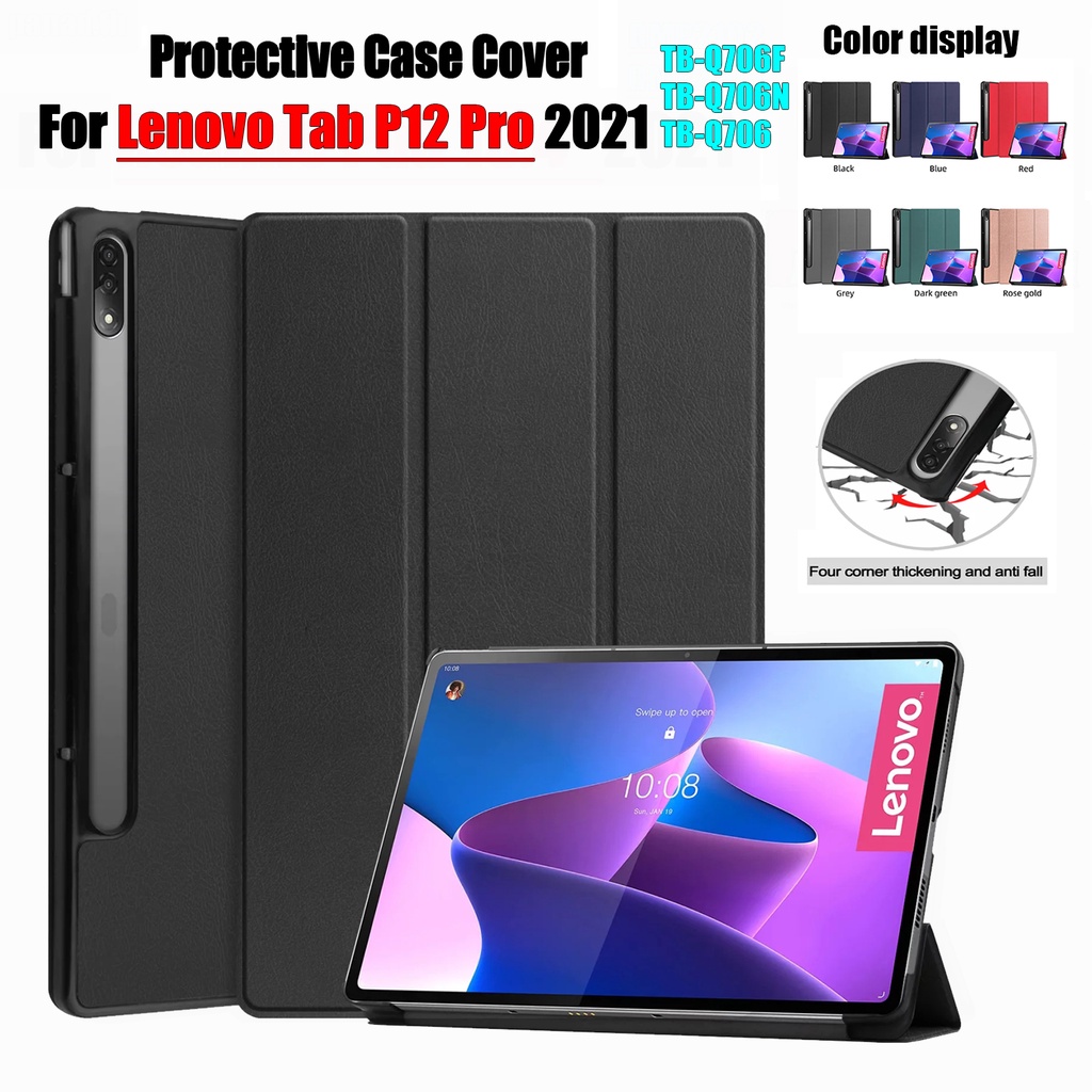 [Tidur/Bangun] Untuk Lenovo Tab P12 Pro 12.6-inci 2021p12pro TB-Q706F TB-Q706N TB-Q706 Tablet Perlindungan Case Mode Lipat Tiga Warna Solid Flip Leather Cover Fold Stand