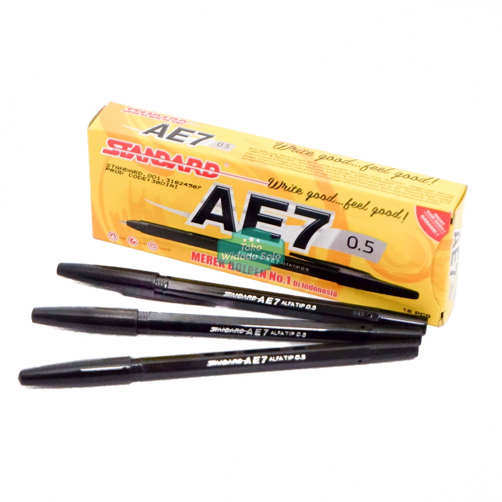 

1 LUSIN Pulpen Standard AE7 Alfatip 0,5mm Hitam/ Merah/ Biru (Bolpoin Ballpoint Tinta Black) - 1 Box Isi 12 Buah