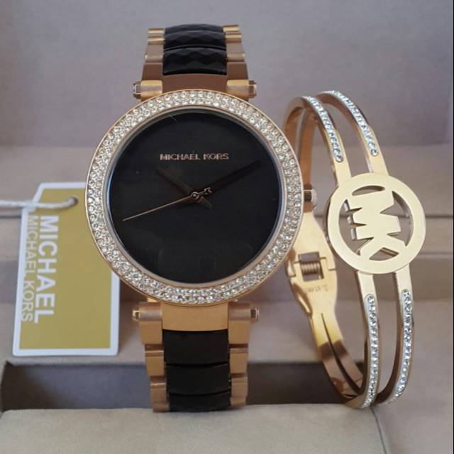 Jam Tangan Wanita MK Black Rantai Combi Mika Plus Gelang Permata