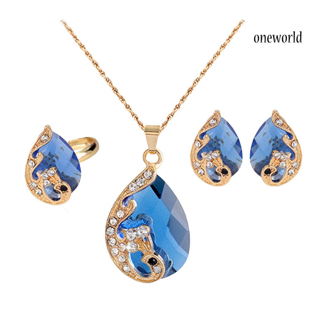 OW@ Jewelry Set Rhinestone Inlaid Temperament Alloy Exquisite Waterdrop Pendants Earrings Ring for Anniversary