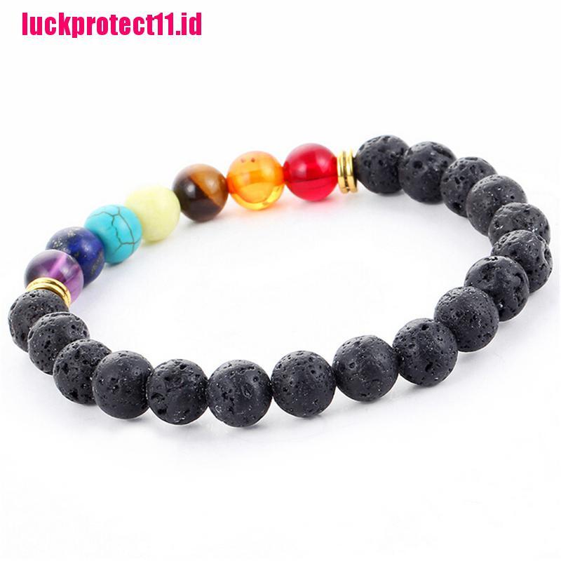 (LUCK) 1pc Gelang Tangan Wanita Manik Batu Lava Rock Chakra Reiki 7 Batu Permata