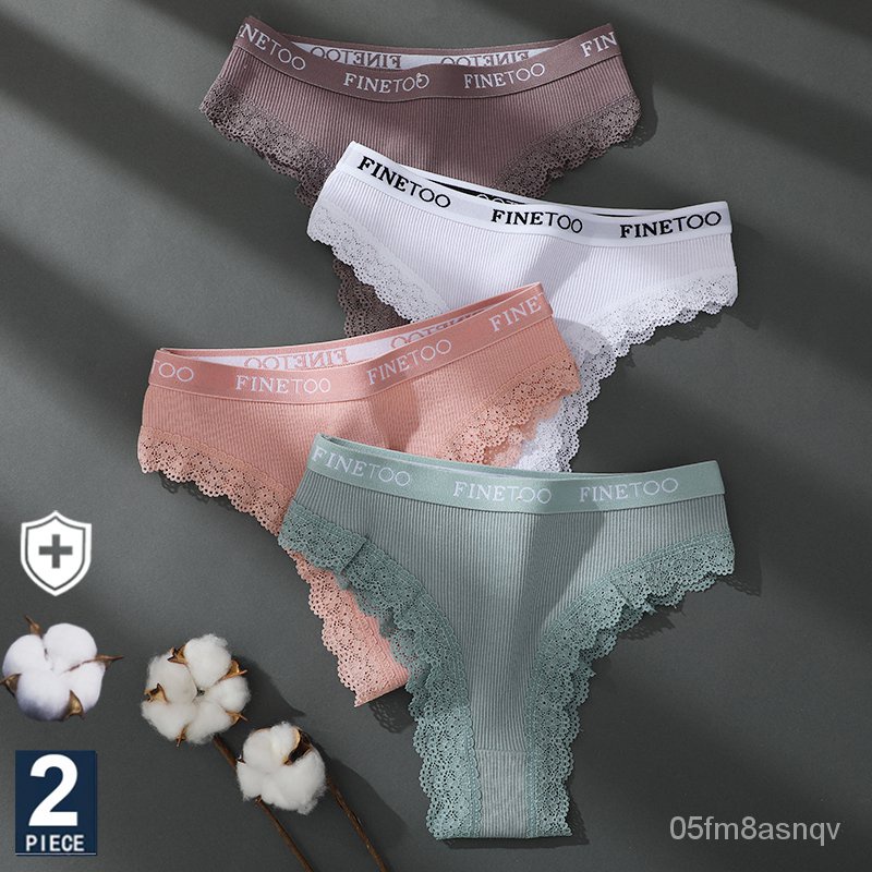 FINETOO 2PCS/Set Women's Cotton Panties Girls Letter Thongs Brazilian Pantys Sexy Lace Underwear For