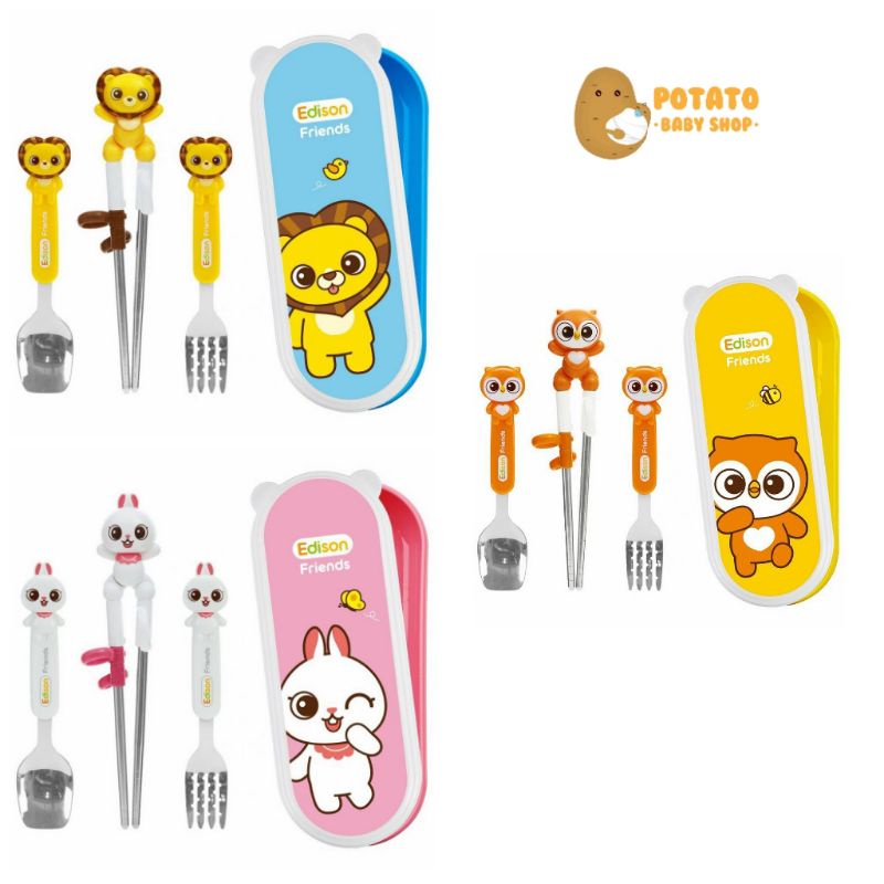 Edison Training Chopstick &amp; Spoon Fork Set With Hardcase/ Sumpit Sendok Garpu Anak Pororo