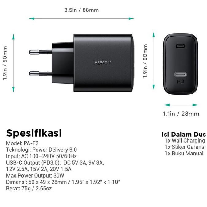 Charger Aukey Pa-F2 500481 + Kabel Charger Iphone Aukey Cb-Cl2 Ikaniskatoko