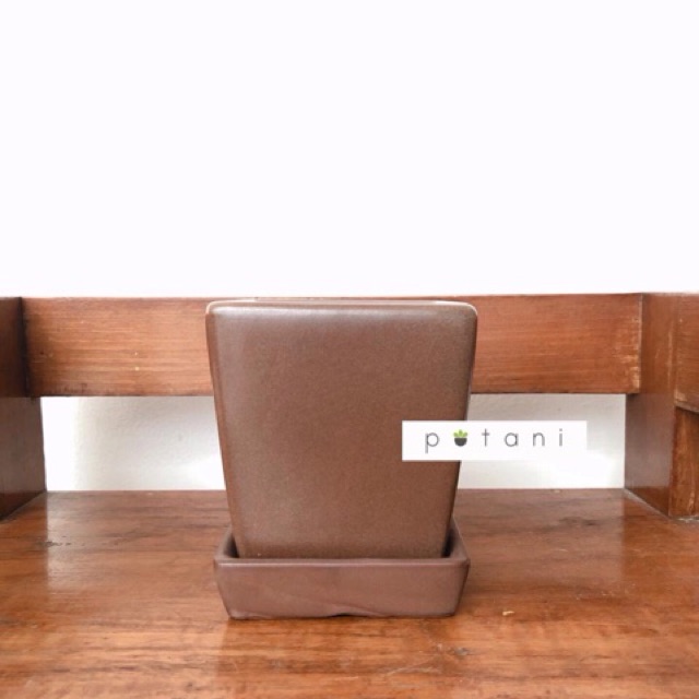 pot keramik coklat doff persegi / pot bunga / pot bonsai / pot succulent - A664set (pot + tatakan)