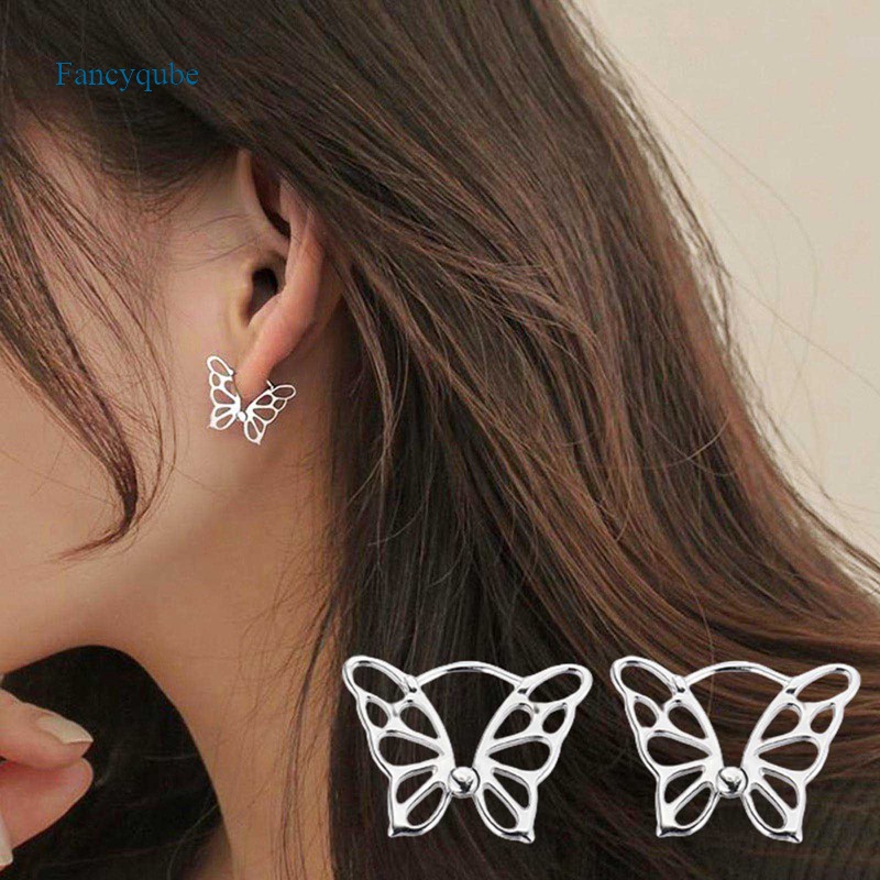 Fancyqube Anting Hoop Desain Butterfly Hollow Bahan 925 Sterling Silver Untuk Wanita
