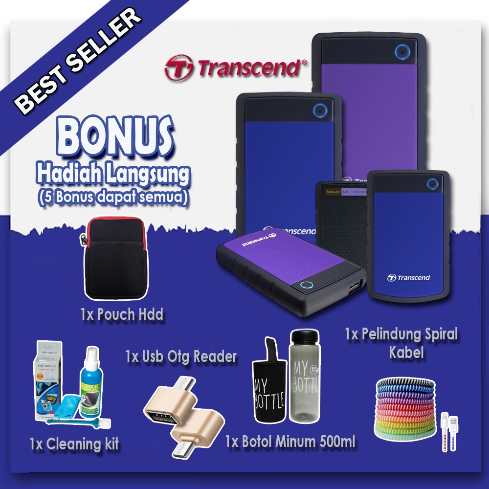 Transcend 1TB Harddisk External 25H3 - 25H3B USB 3.0 Antishock Tahan Banting - GRATIS 5 Paket Hadiah