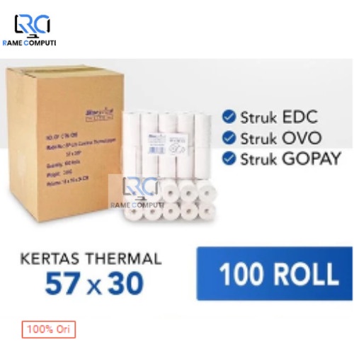 100 ROLL PAPER THERMAL BLUEPRINT 57x30 KERTAS KASIR STRUK EDC 57 x 30 1 Dus