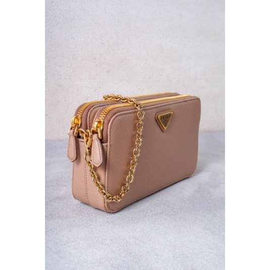 Prada Zipper Wallet On Chain In Cameo Beige Saffiano Leather GHW