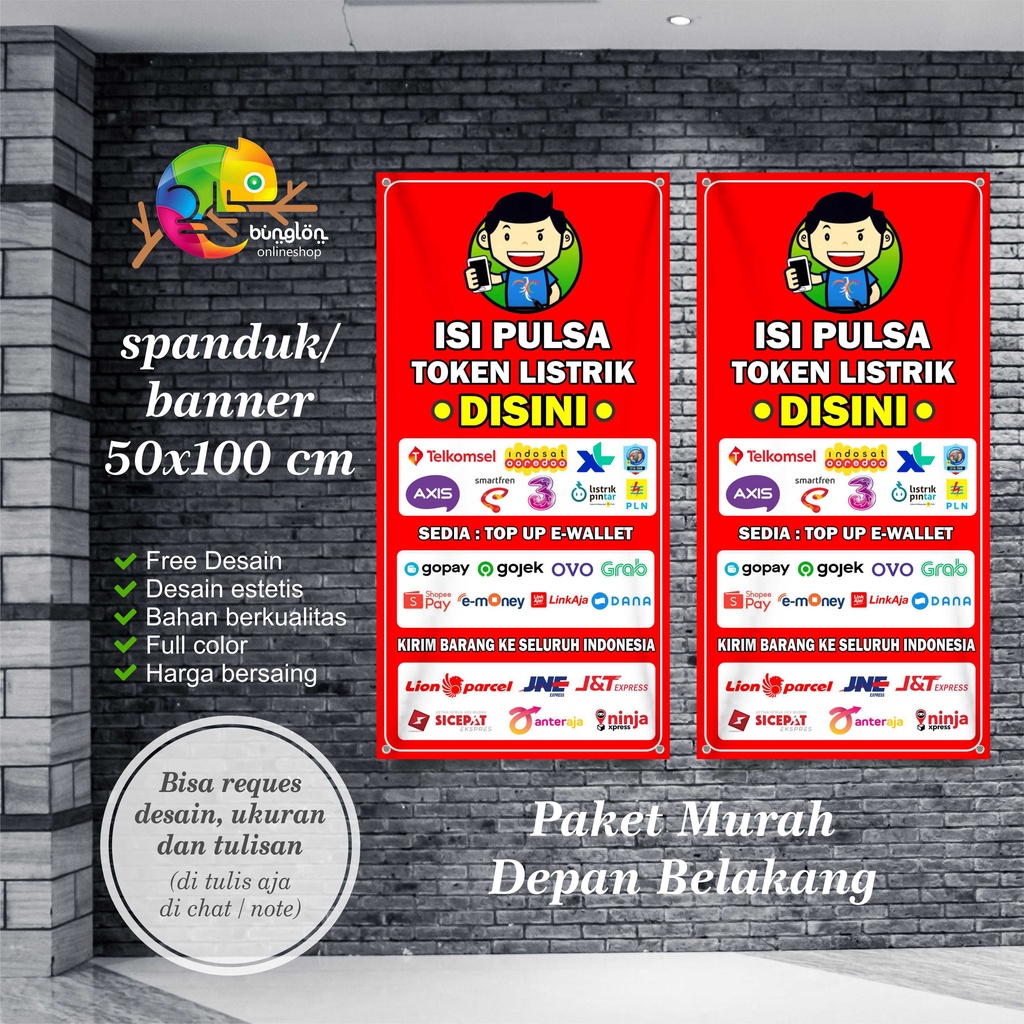 Size 50x100 Cm, Spanduk Banner Pulsa Token Dll Depan Belakang Murah