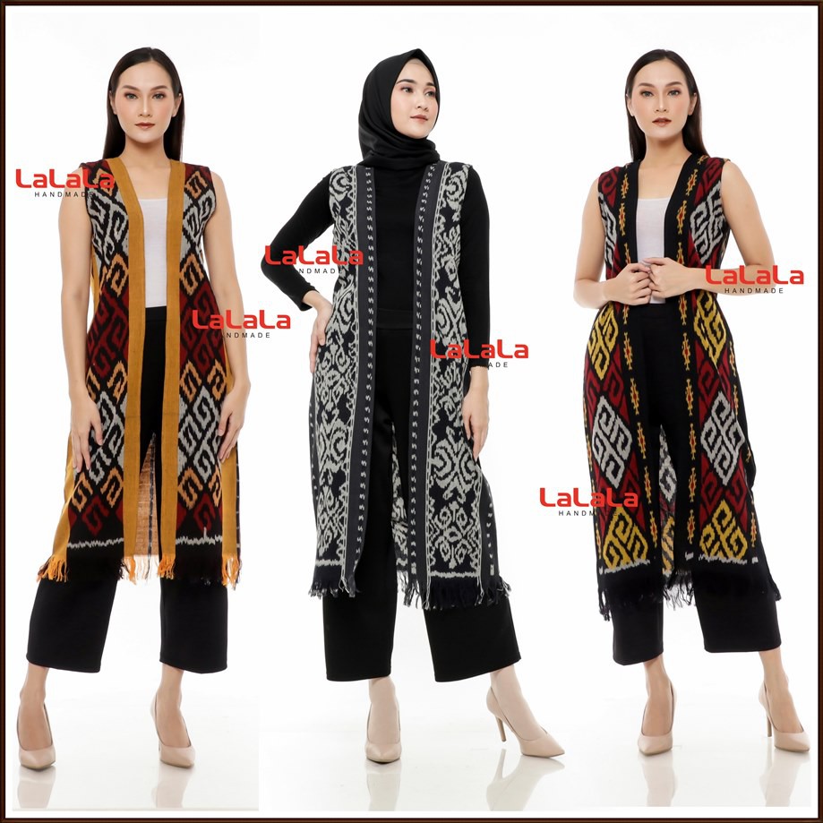 Outfit Long Outer Cardigan Tenun Etnik Baju Kerja Wanita Kantor Kekinian