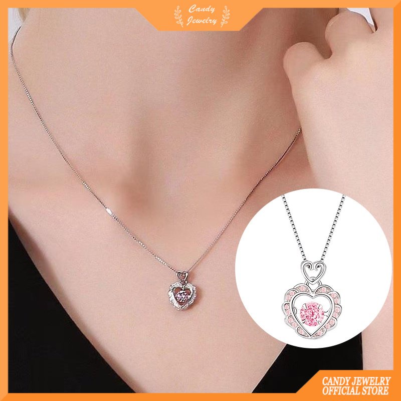 Kalung Rantai Klavikula Bentuk Hati Bahan Zirkon Warna Pink