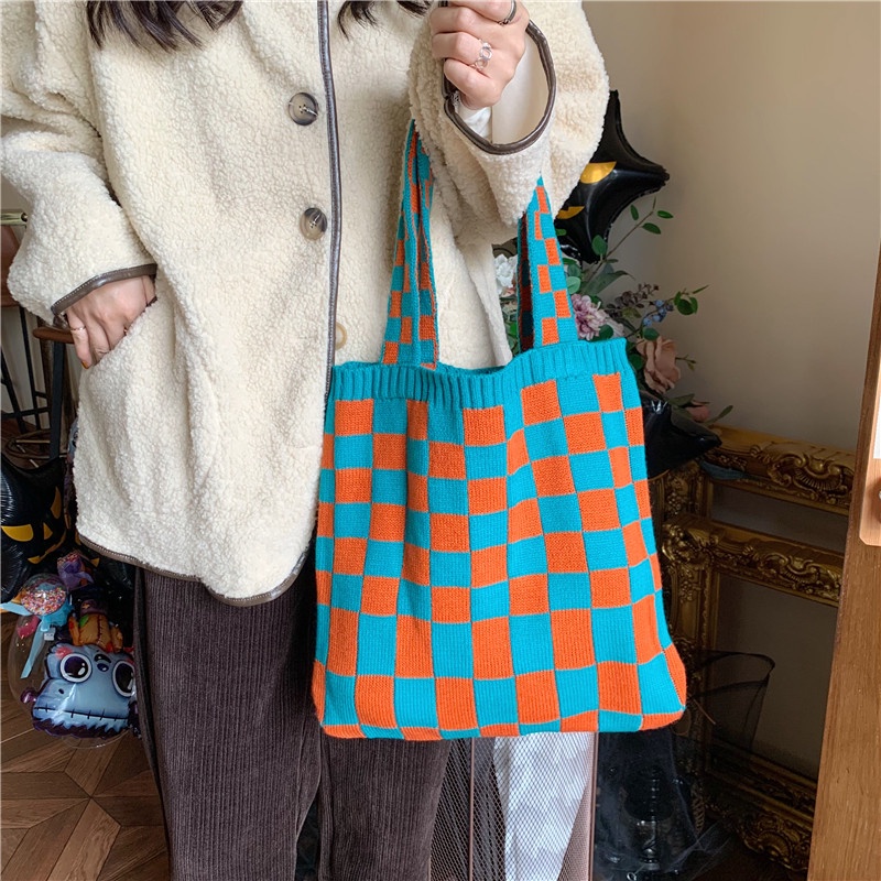 BEST-SELLER!! KOREAN KNITTED TOTEBAG CHECKERED BOARD