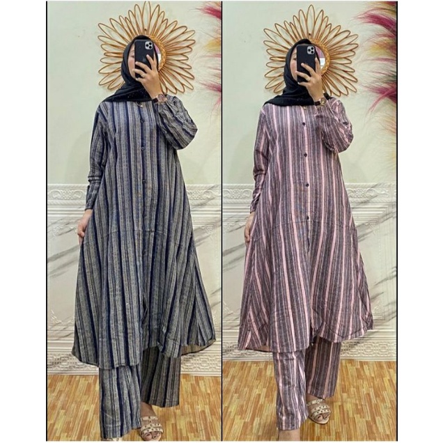 (BISA COD) Oneset Long Tunik Katun Linen Premium/Setelan Katun Rami Terbaru/Setcel Katun