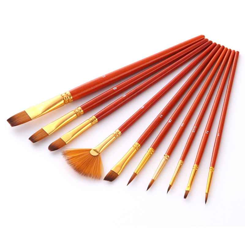 10Pcs/set Professional Nylon Hair Paint Brush Watercolor Acrylic Wooden Handle Painting Brushes Art Supplies