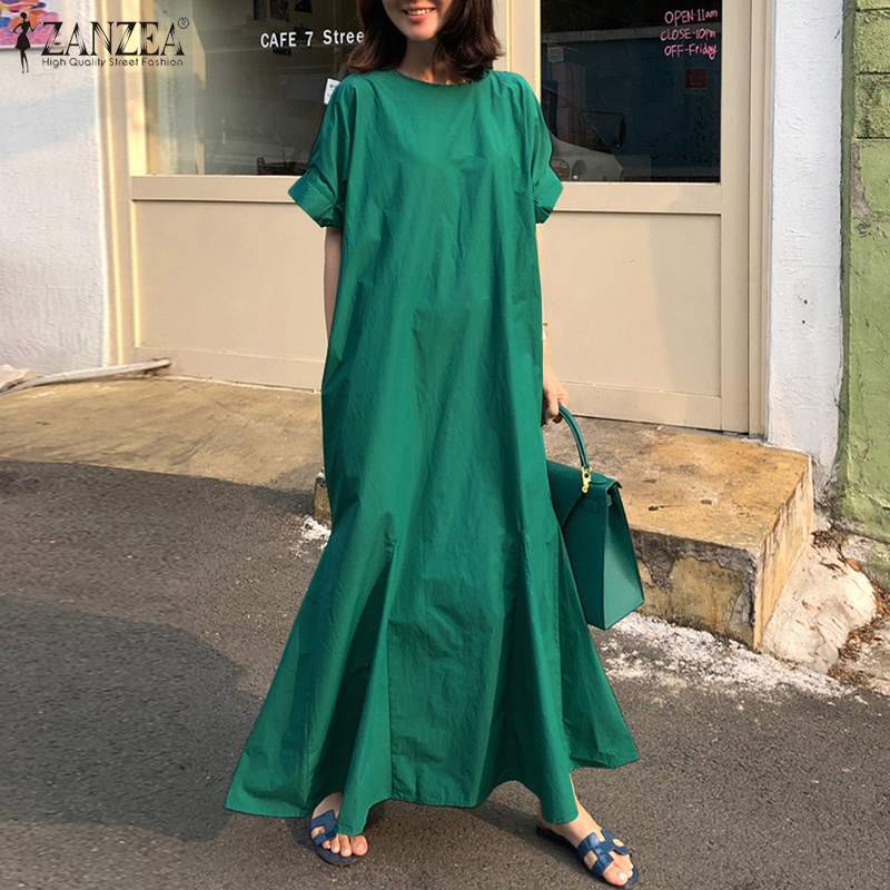 ZANZEA Women's Elegant Short Sleeve Loose Plain Cotton Long Maxi Dress Casual Ruffle