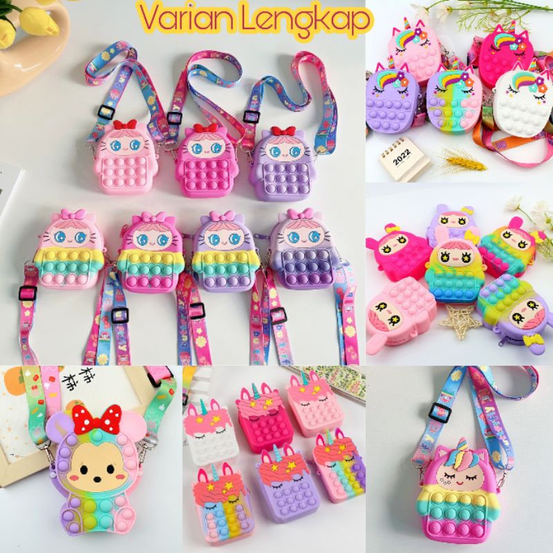 Tas Selempang Anak Pop It Jelly Rubber Karakter Hello Kitty Doraemon Melody Minnie Little Pony Unico