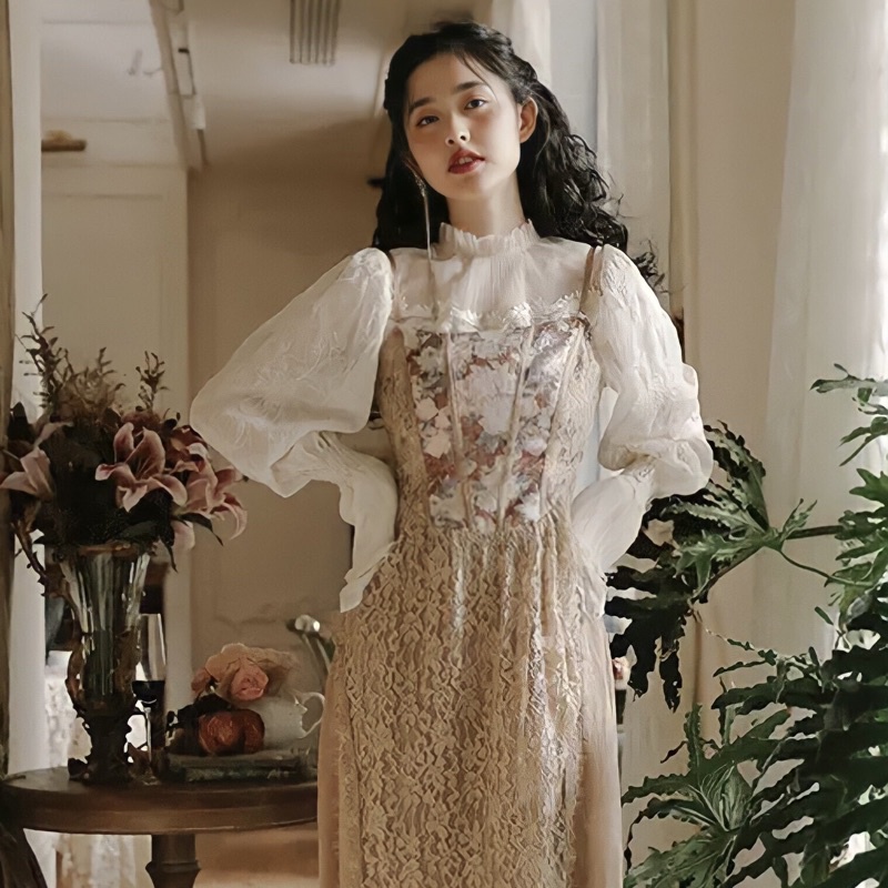 dress korea brown vintage fairy dress// fairy dreas B001 // dress import dress pesta terbaru 2022 ma